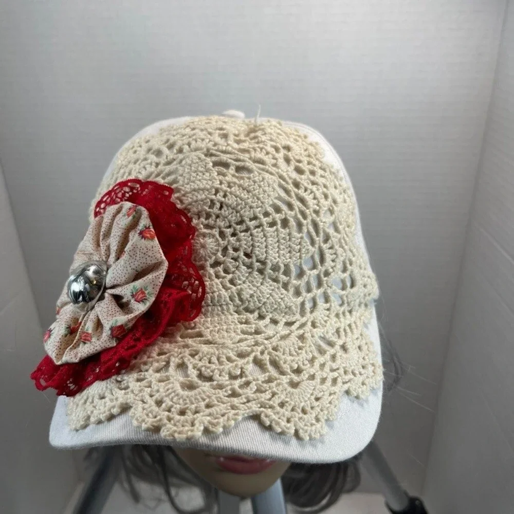 Hat Cap Strap Back Womens White Handmade Crochet Embellished Flower Streetwear